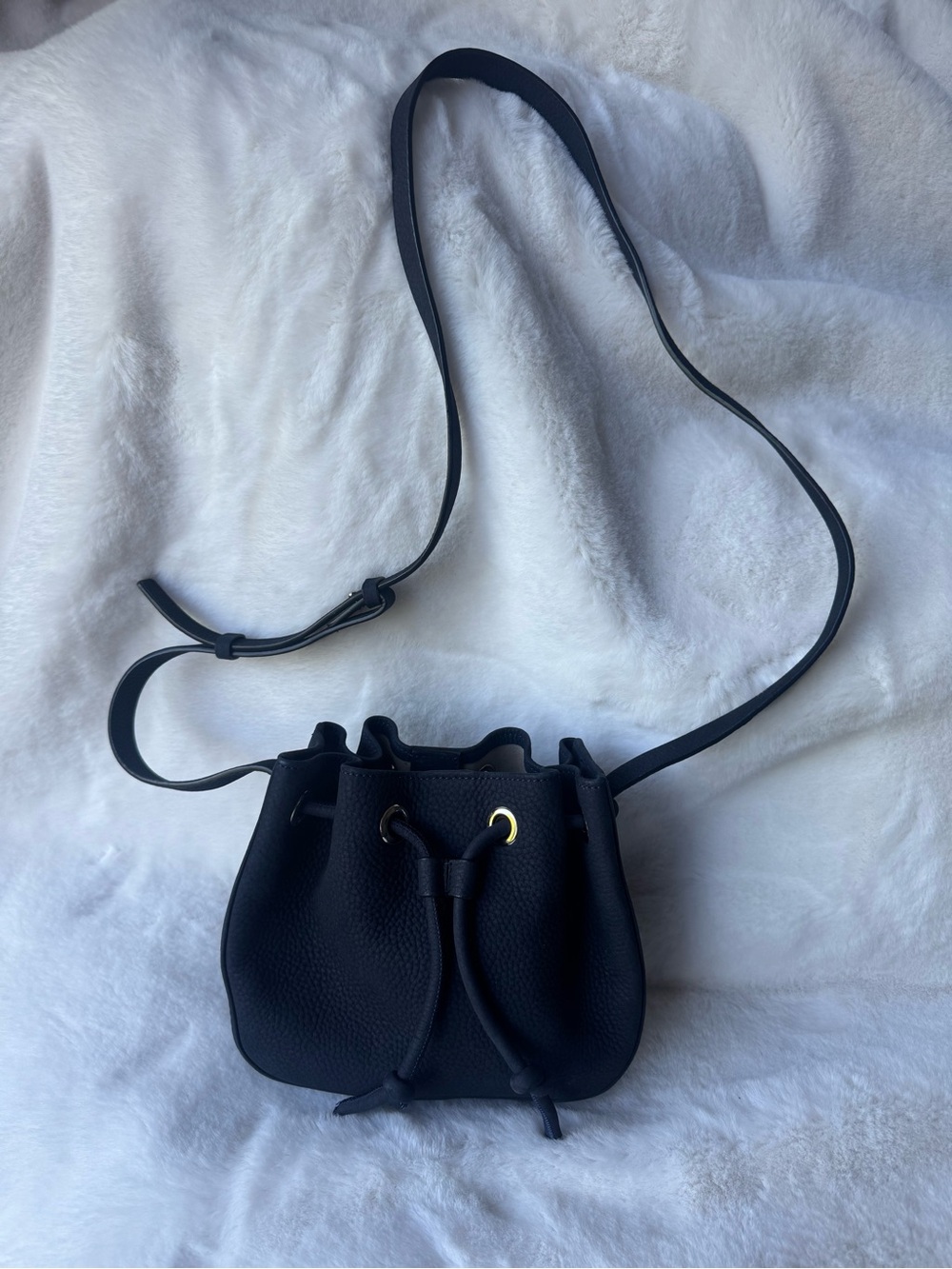 Theory Navy Blue Suede Micro Leather Drawstring Crossbody Bag